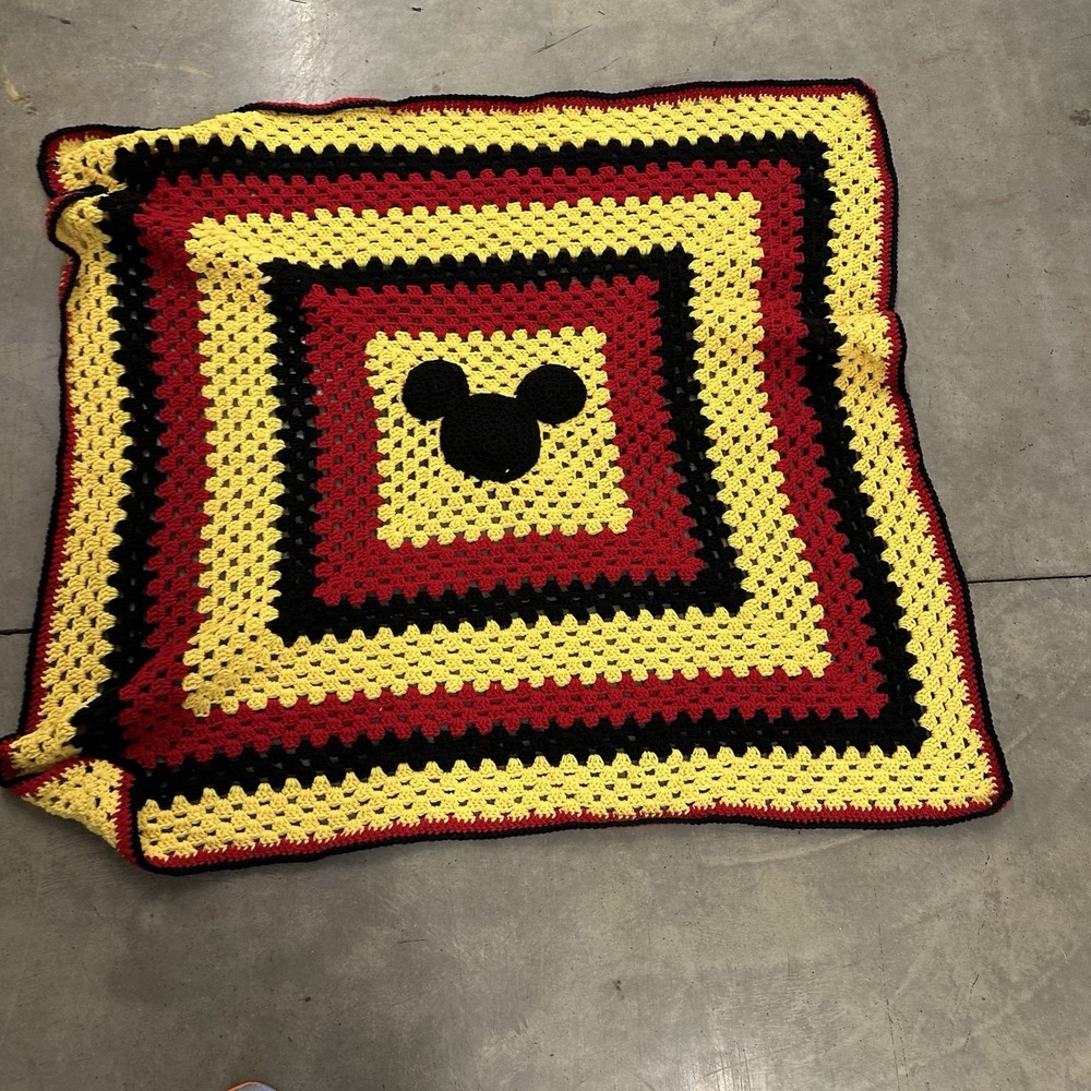 Hand Made Disney Crocheted Baby Blanket 36"x36" Red Yellow And Black Granny Styl